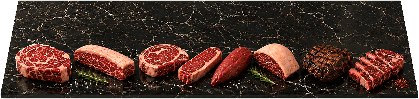Royal Heritage beef cuts displayed on black marble